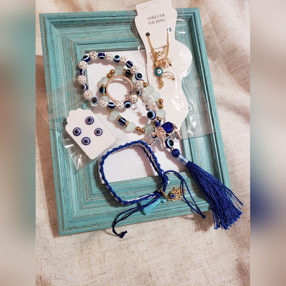 Evil Eye Bracelets, Keychain, Ankle And Toe Rings, Studs Bundle 6 Pieces